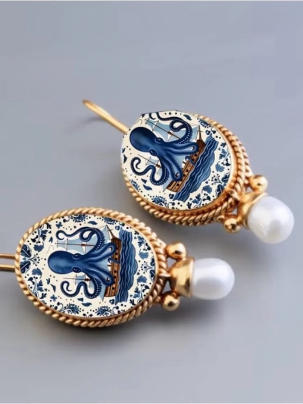 Blue Octopus Cameo Pearl Drop Earrings - Gold Tone